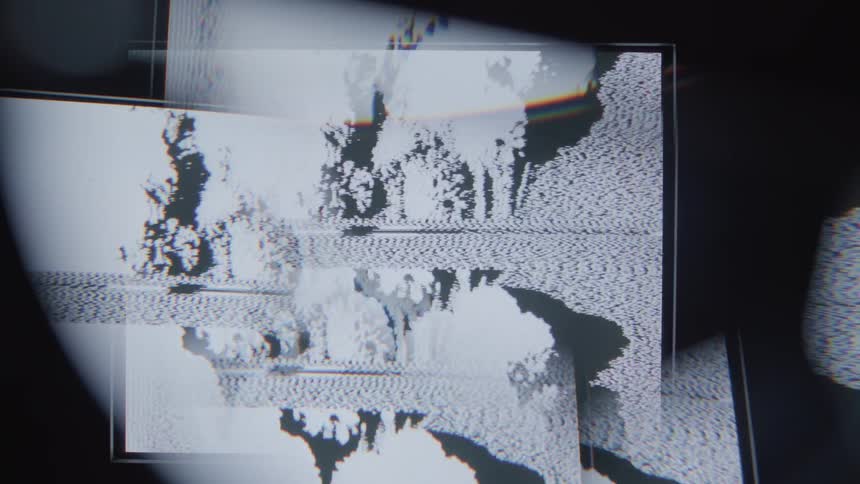 Silhouette of a grove of trees in 3d against multiple staticky screens