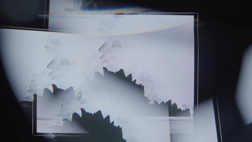 Overlapping digital frames display jagged silhouettes against a black background