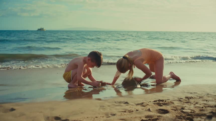 Two children one a boy with short hair and a girl with long hair tied back play in the wet sand at the edge of the ocean on a sunny day