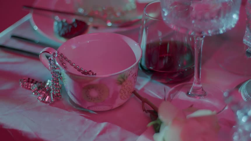 Focused on a dining table a teacup adorned with a hanging necklace sits near glassware and a plate of food while the entire setting is bathed in a distinct projected pattern of pink and white light casting defined shadows