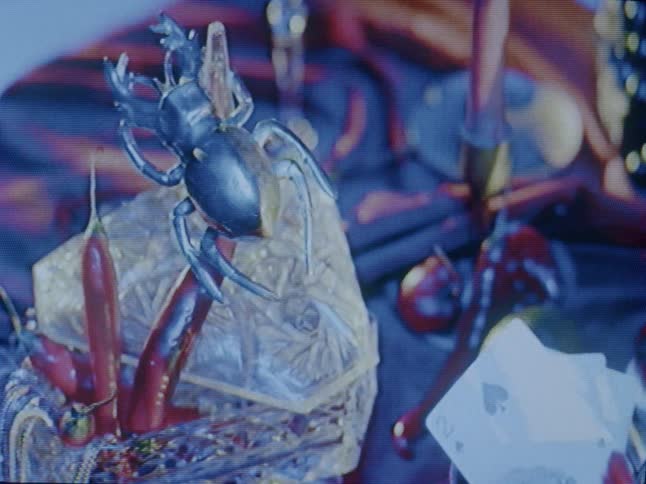 Shadows flow across a collection of objects on a surface that include peppers and an insect