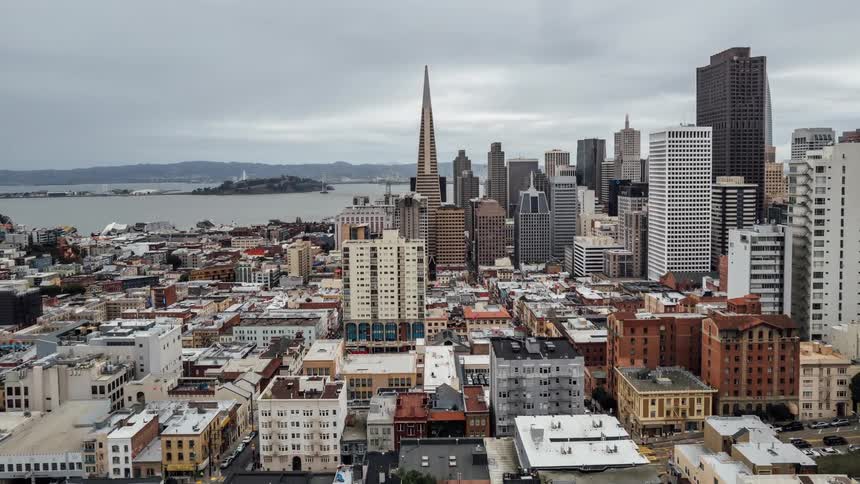 Aerial of traffic moving through the streets of san francisco on a cloudy day