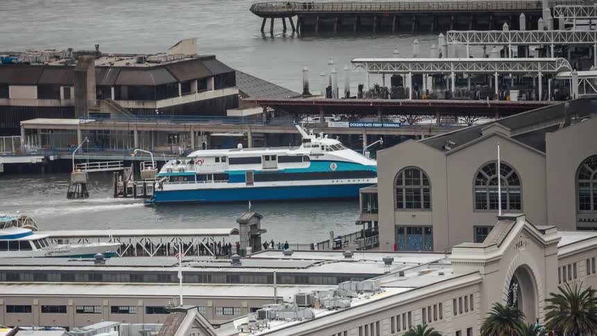 The ferry docks and drops people off at the harbor