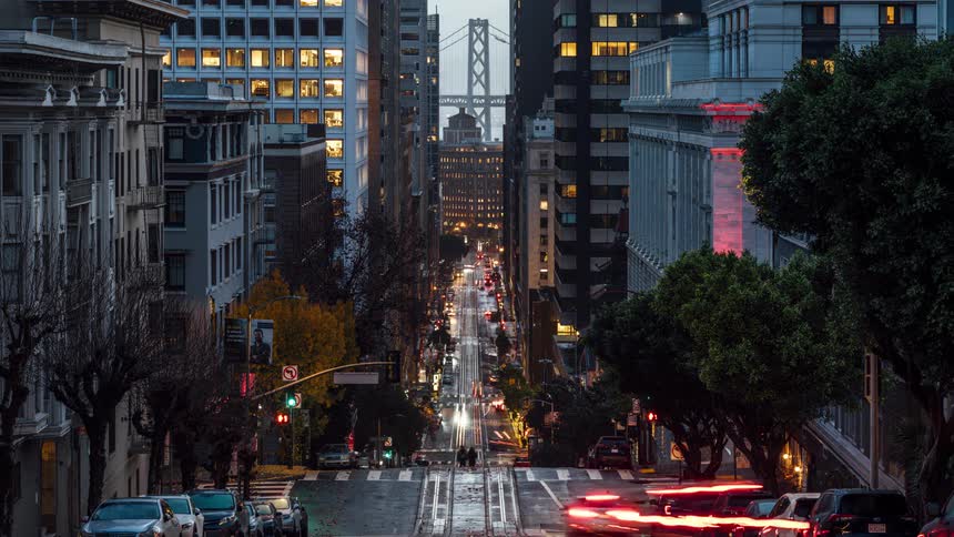 A time lapse view of downtown san francisco from night until dawn