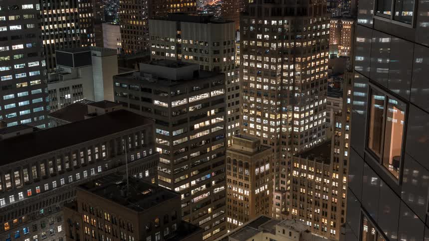 Lights turn off and on in the buildings