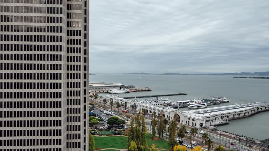 View toward a skyscraper and a busy city