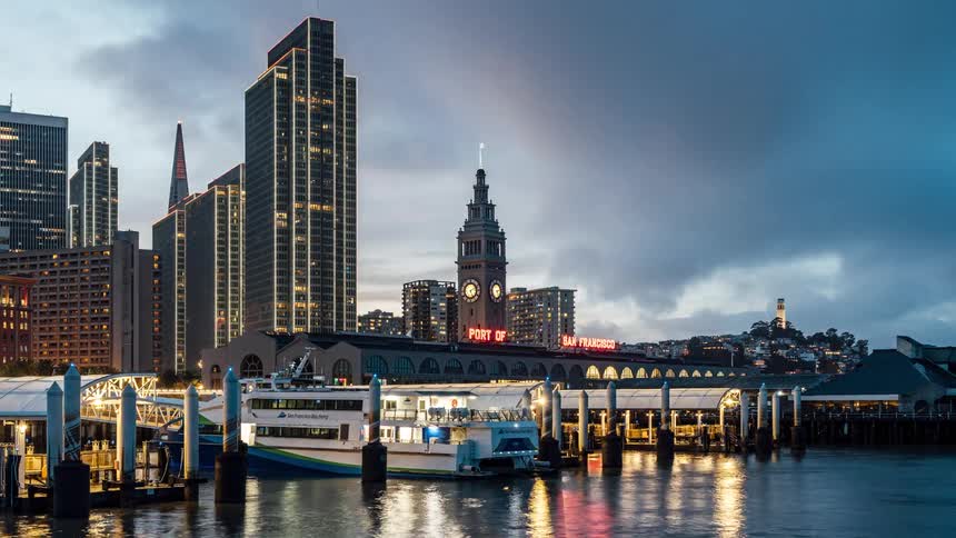 View of a busy city harbor