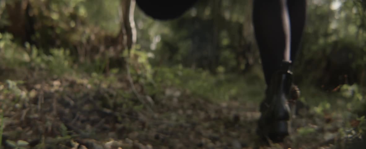 A person is walking in the woods with black boots on