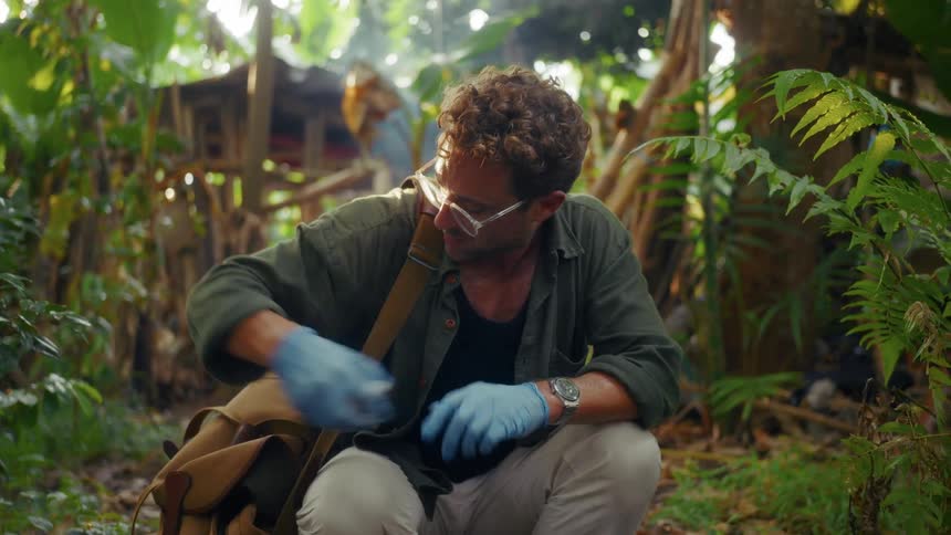 Man wears gloves while taking water samples in the jungle