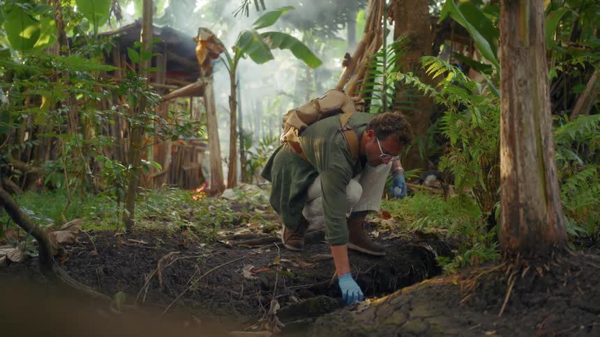 A man takes a vial from the soil in the jungle