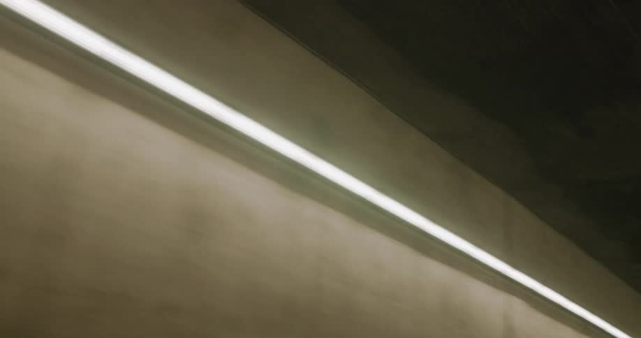A concrete tunnel wall with a long light strip is shown curving ahead captured from a moving vehicle