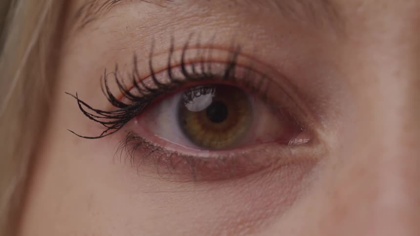 A womans left eye showing the brown iris long black eyelashes and the surrounding skin