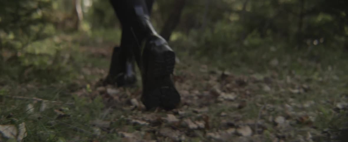 A person in black boots walks through the forest