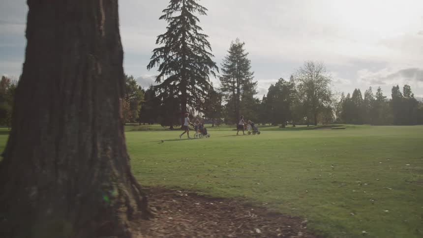Two women are pushing baby strollers through the park on a cloudy spring day