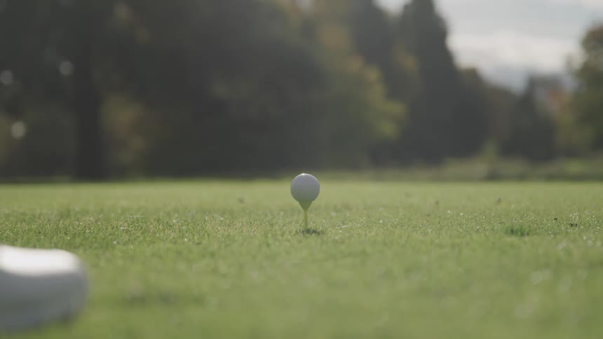 A golf ball rests on a tee until it is hit by a golf club