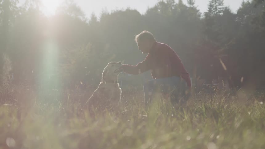 Gentleman in a meadow petting his dog