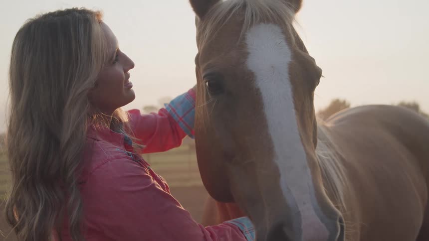 A woman with long blonde hair and a pink shirt pets a light colored horse in a warm outdoor setting