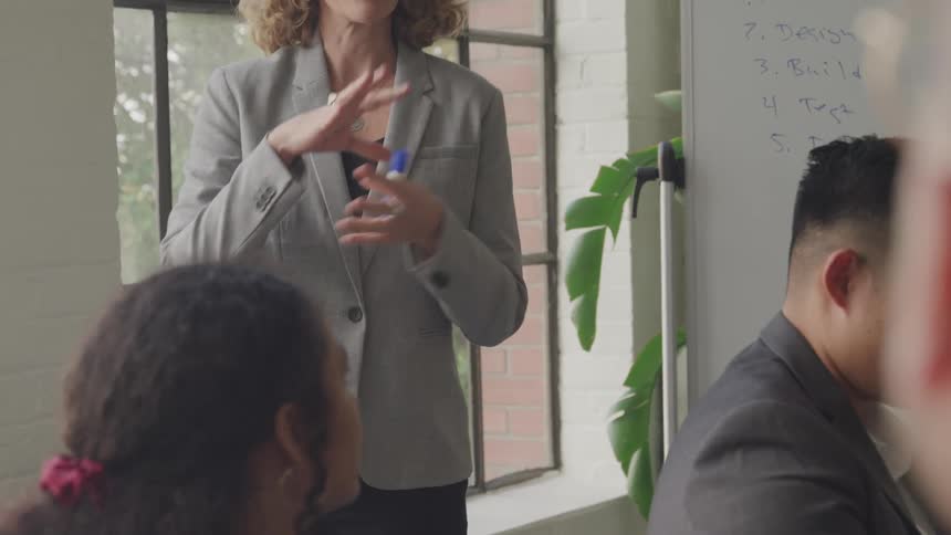 Woman gives a presentation using a white board