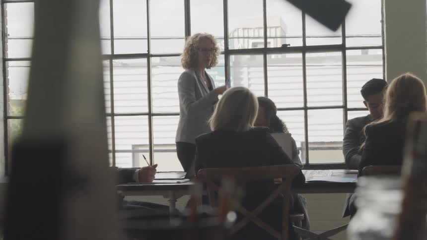 A woman is giving a lecture at a meeting