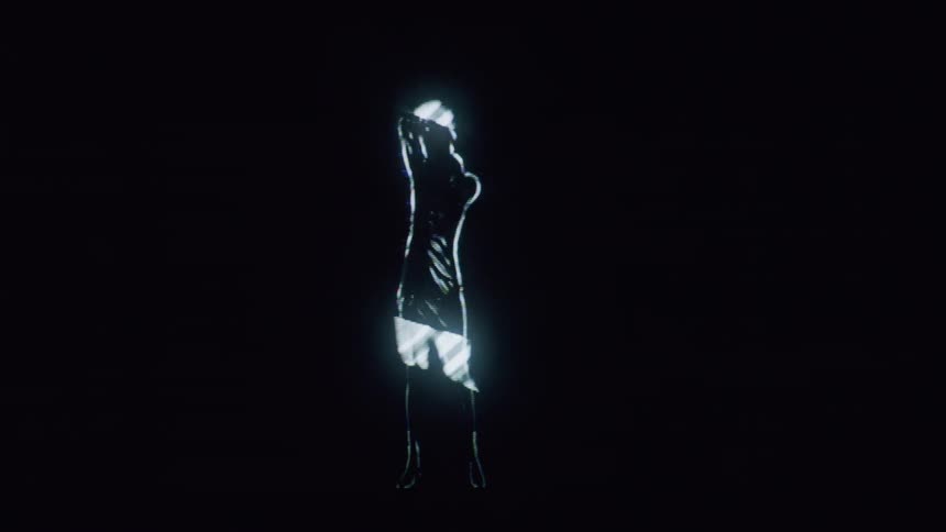 A glowing futuristic figure outlined in white light against a dark background resembling a holographic or digital representation of a person