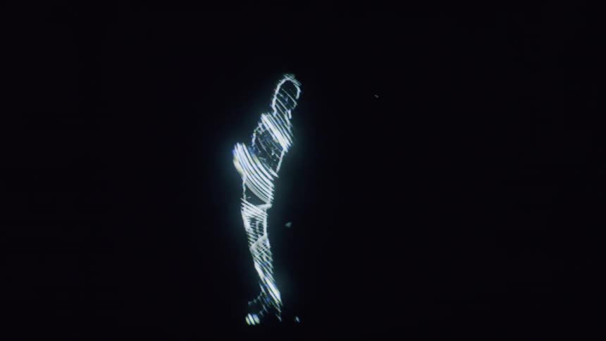 A glowing futuristic figure outlined in white light against a dark background resembling a holographic or digital representation of a person