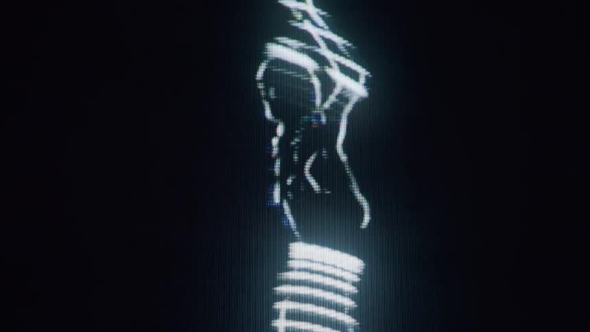 An abstract silhouette of a woman formed from white lines on a pure black background does smooth movements as the lines that make up her body shimmer and pulse