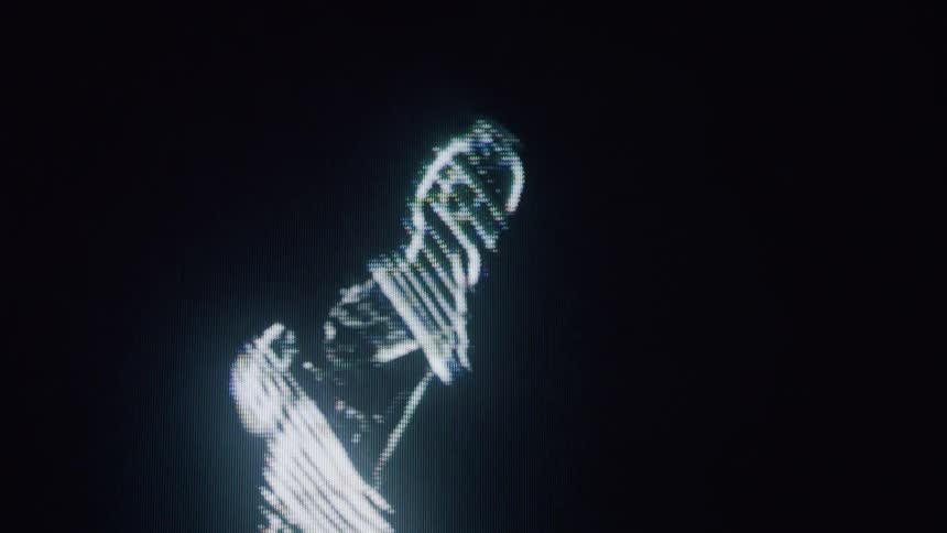 A holographic avatar dances in glitchy pixelated motion as its glowing digital form flickers against a dark background like a 3d scan