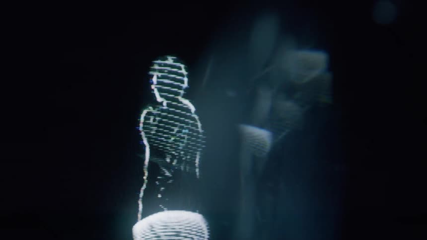 A glowing futuristic figure outlined in white light against a dark background resembling a holographic or digital representation of a person