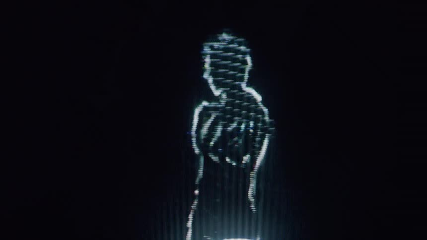 A white light image with a black backgroun of a femalke dancing making very fluid motions with her arms