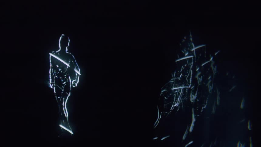 A glowing futuristic figure outlined in white light against a dark background resembling a holographic or digital representation of a person