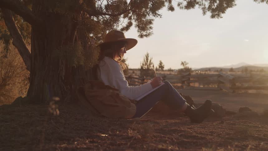 A woman is sitting under a tree writing in a book
