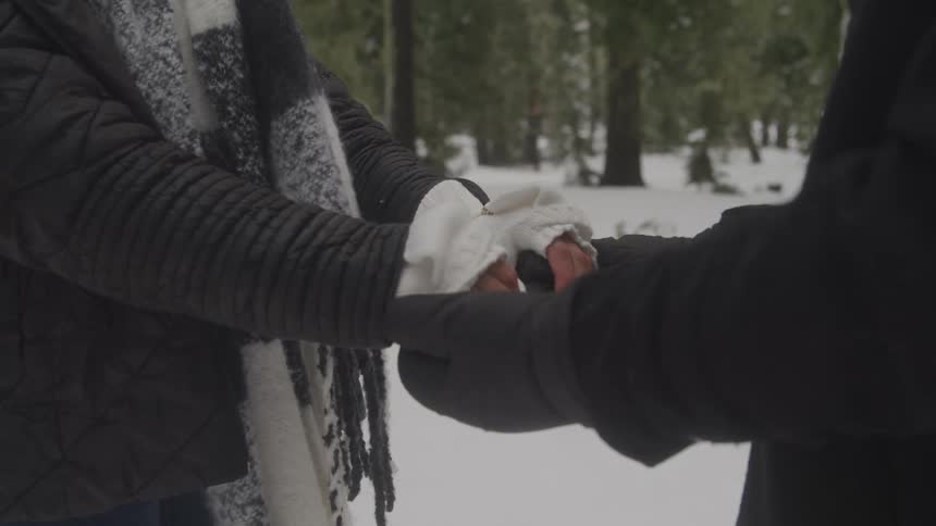 Couple facing each other holding hands in snow covered forest