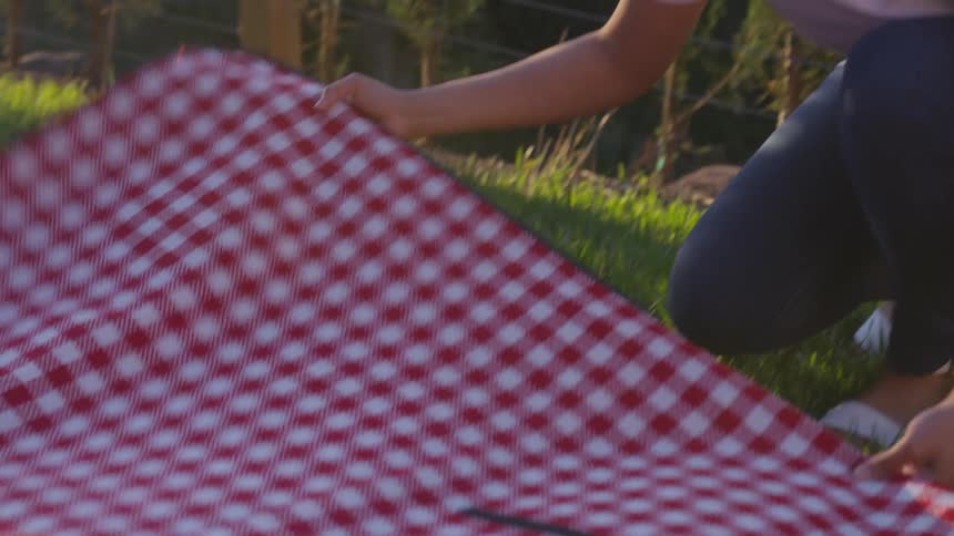 Smiling woman laying out checkered blanket on grass for a picnic