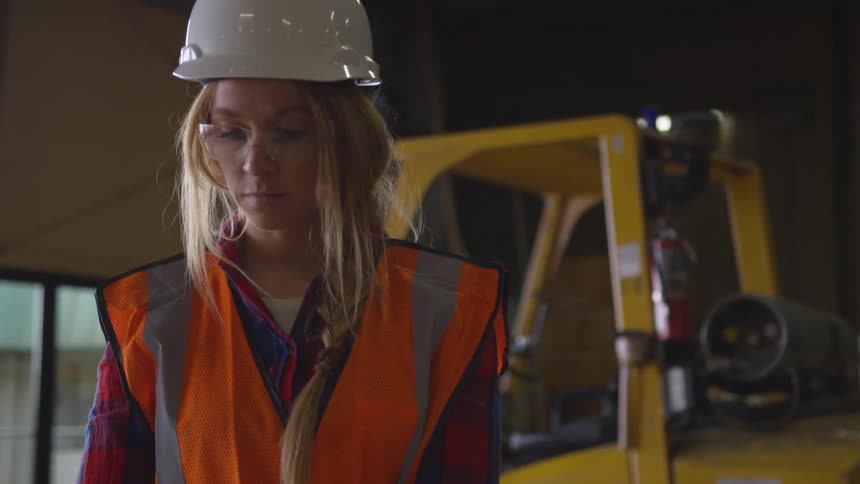 A woman in safety gear stands in a warehouse beside a yellow forklift looking down in a moment of quiet focus