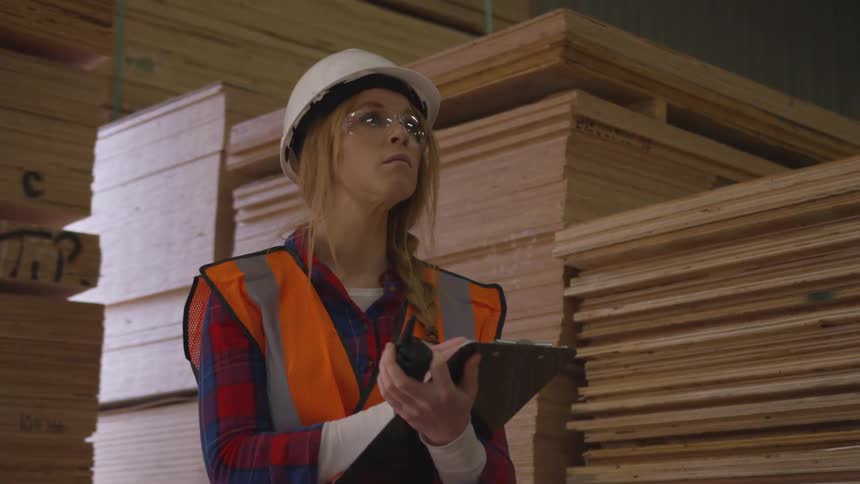 A woman in safety gear takes inventory with a clipboard and walkie talkie in a lumber store surrounded by tall stacks of plywood