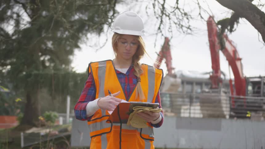 A construction worker is writing on her clipboard