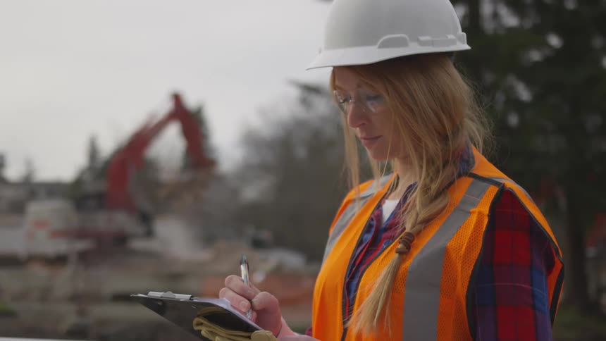 Woman in a hard hat takes notes while observing something at a construction site