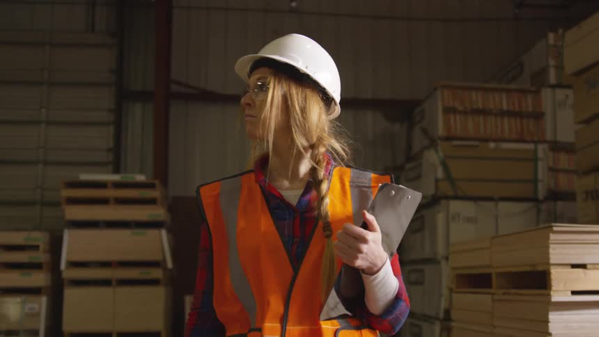 Female lumber warehouse worker walks past stacked lumber with a clipboard