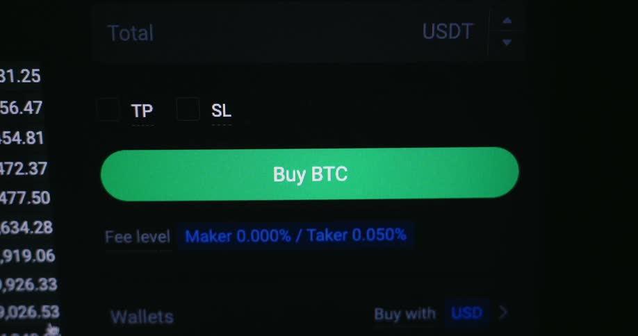 The screen of a mobile trading app shows the interface for purchasing bitcoin highlighting the large green buy btc button