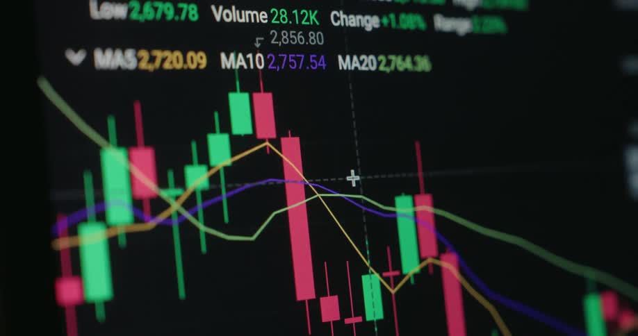 A graph screen with pink and green bars