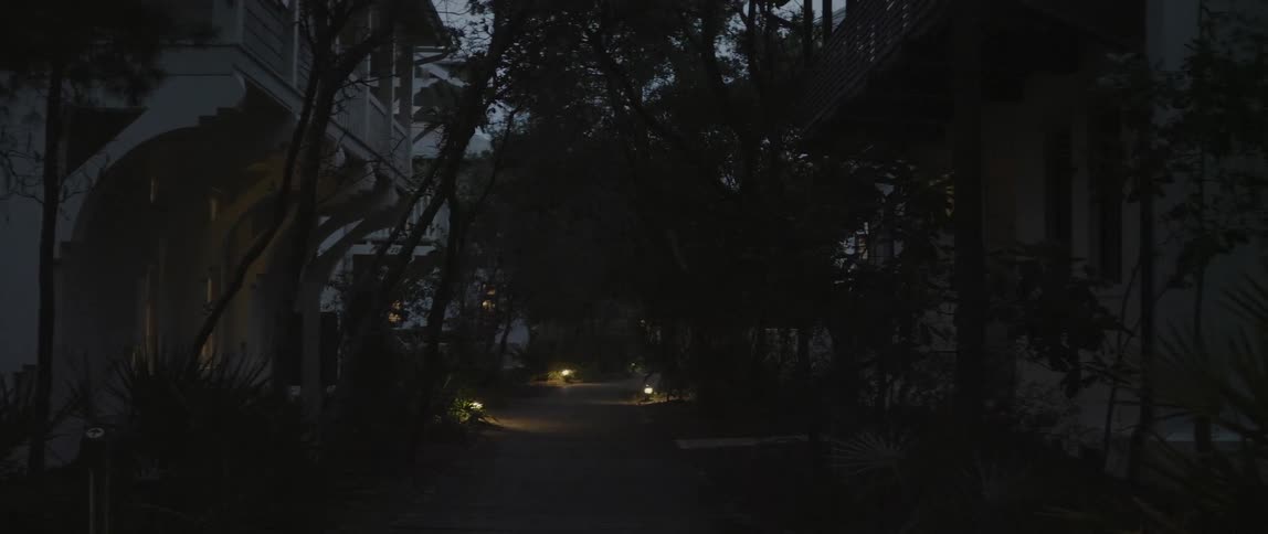 A view of houses on the sidewalk at night