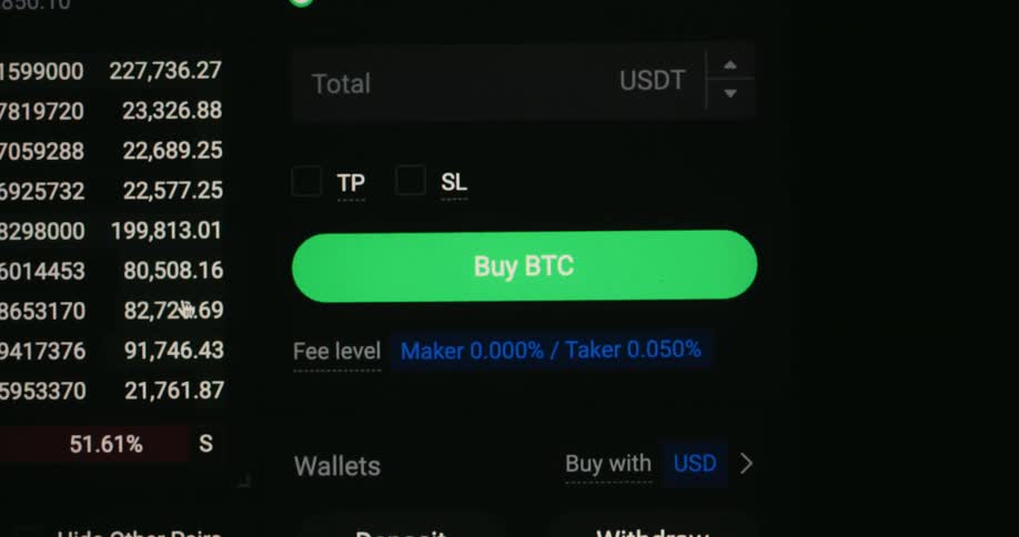 A closeup of a cryptocurrency trading app screen shows a highlighted buy btc button and fluctuating market data as the view tilts dramatically