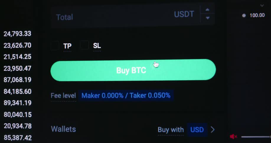 A mouse cursor hovers over a green buy btc button on a cryptocurrency trading platform interface as price data and wallet options scroll by