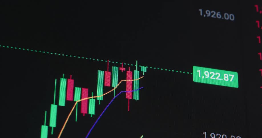 Stock data is plotted in red and green against a black background on a screen