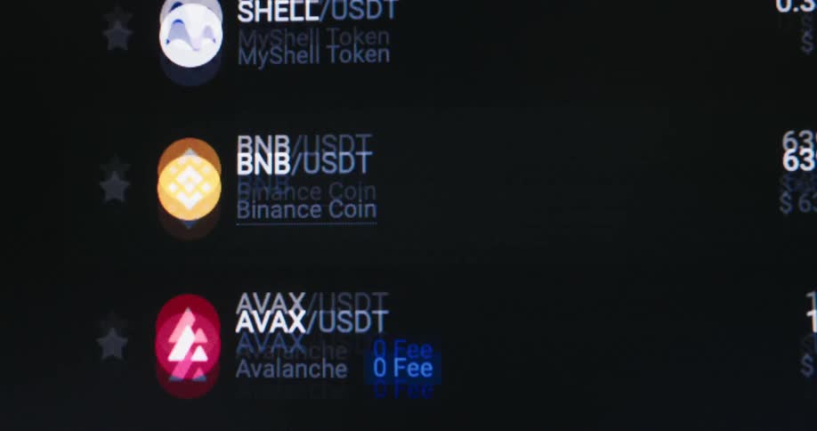 A list of cryptocurrency symbols are on the phone