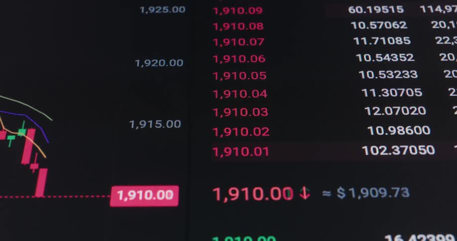 Screen showing numbers scrolling and switching between red and green due to the stock market