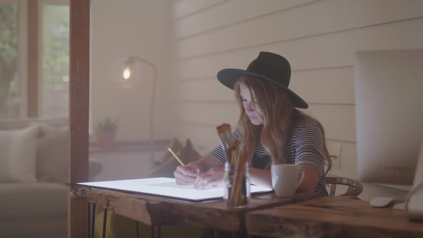 A woman is using a pencil to write on the paper