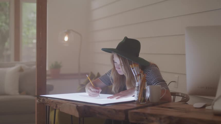 Woman draws on paper that is resting on a lightbox on a table