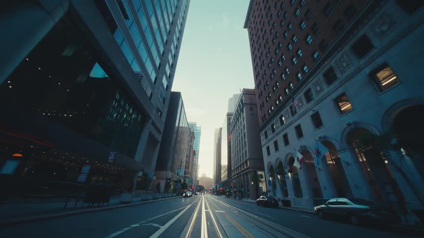 Light traffic on the city streets at sunrise