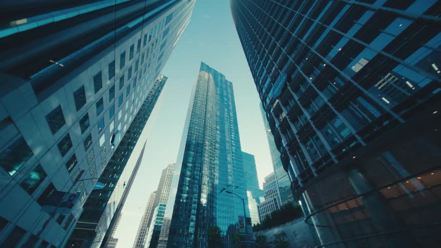 Tall skyscrapers are close together in this downtown city